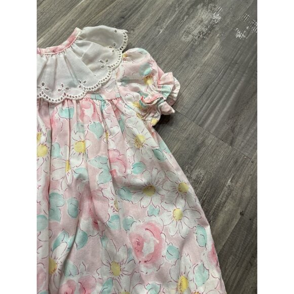Vintage Girls Dress 12 Months Party Floral Pink Blue Bib Lace Flower 80s 90s - Picture 5 of 8